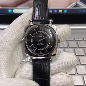 Vintage 1978 Roamer Manual Mens Silver Watch W/Leather Strap & Black accents